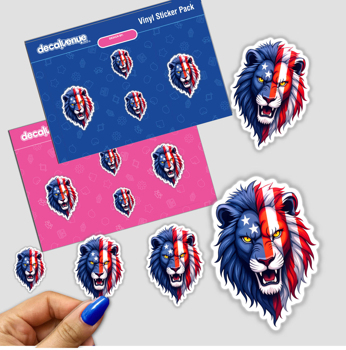 A Cool American Flag Lion stickers featuring a lion's face adorned with a flag. Available as physical stickers or digital artwork. Perfect for those seeking unique designs from Decal Venue.