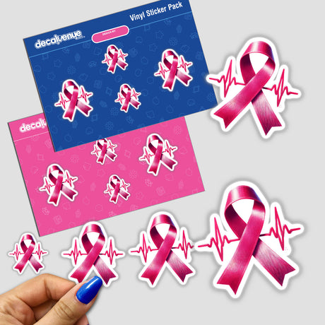 Hand holding a Pink Ribbon and Heartbeat Breast Cancer Awareness sticker, with other similar stickers featuring pink ribbons and heartbeat lines displayed. Available as stickers or digital artwork.