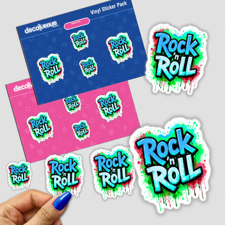 Rock 'n Roll Graffiti Art sticker pack featuring a hand holding a sticker, with various paint splatter logos and close-up fingernail details, perfect for unique artistic expression.