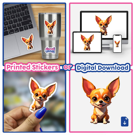 A collage featuring A Cute Chihuahua in various forms, including cartoon stickers and digital artwork, highlighting its big ears, available as unique vinyl stickers or digital art from Decal Venue.