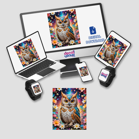 A Lovely Owl With Blooming Flowers depicted on a computer monitor and various digital devices, available as stickers or digital artwork from Decal Venue.