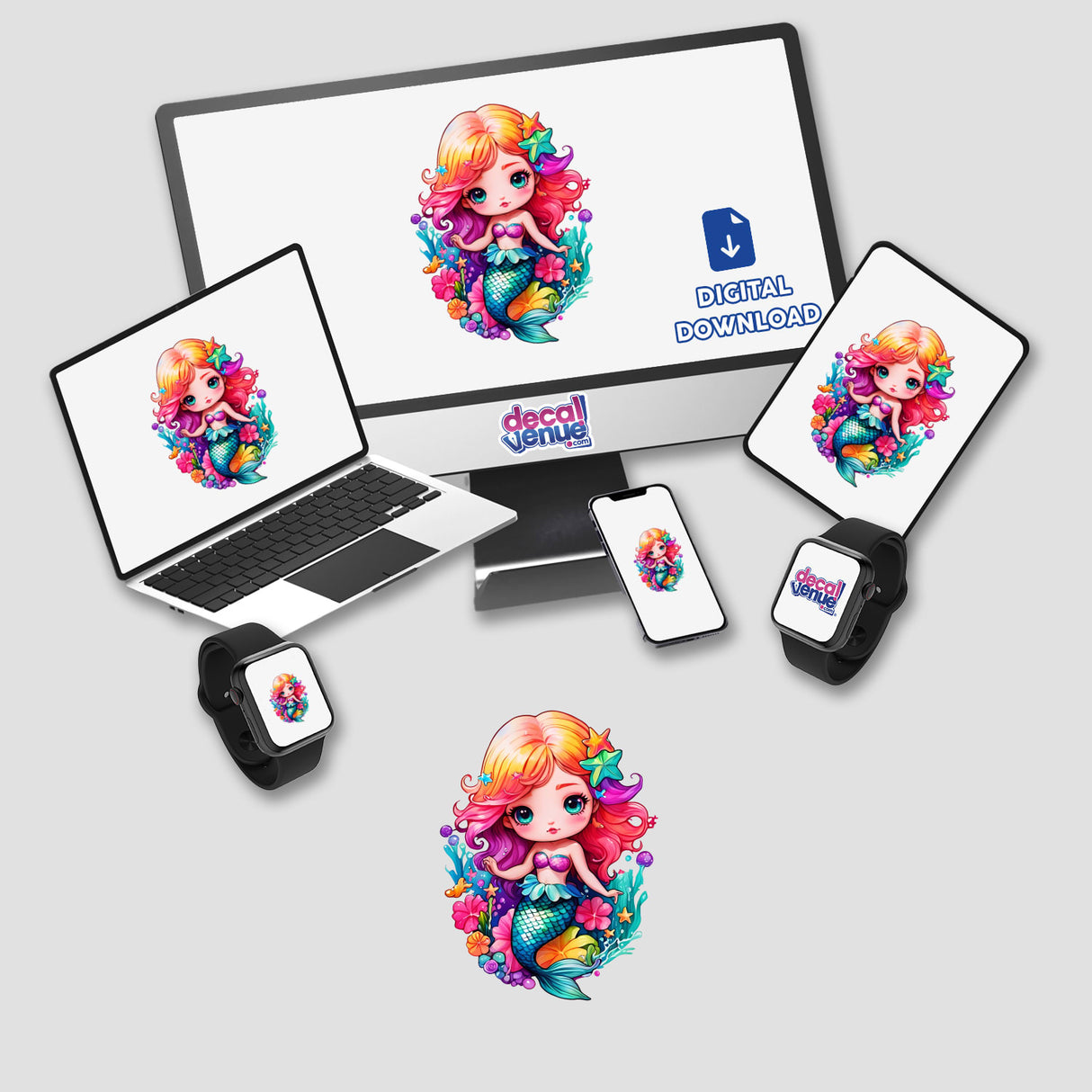 Kawaii Mermaid: Undersea Coral and Starfish stickers adorning a computer monitor, laptop, tablet, smartphone, and smartwatch, featuring vibrant cartoon mermaids with colorful hair.