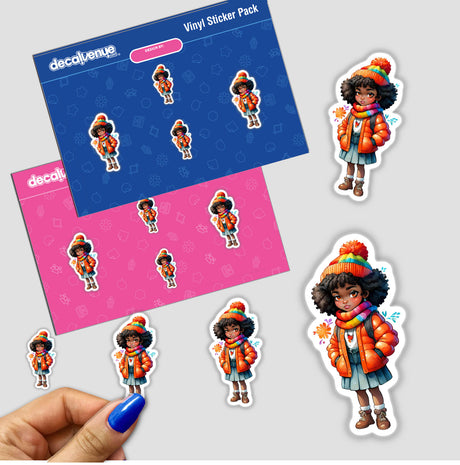 Cozy Winter Sticker - Afro Girl in Orange Knit Hat & Scarf Illustration, featuring a close-up of various cartoon girls and hands holding the sticker pack.