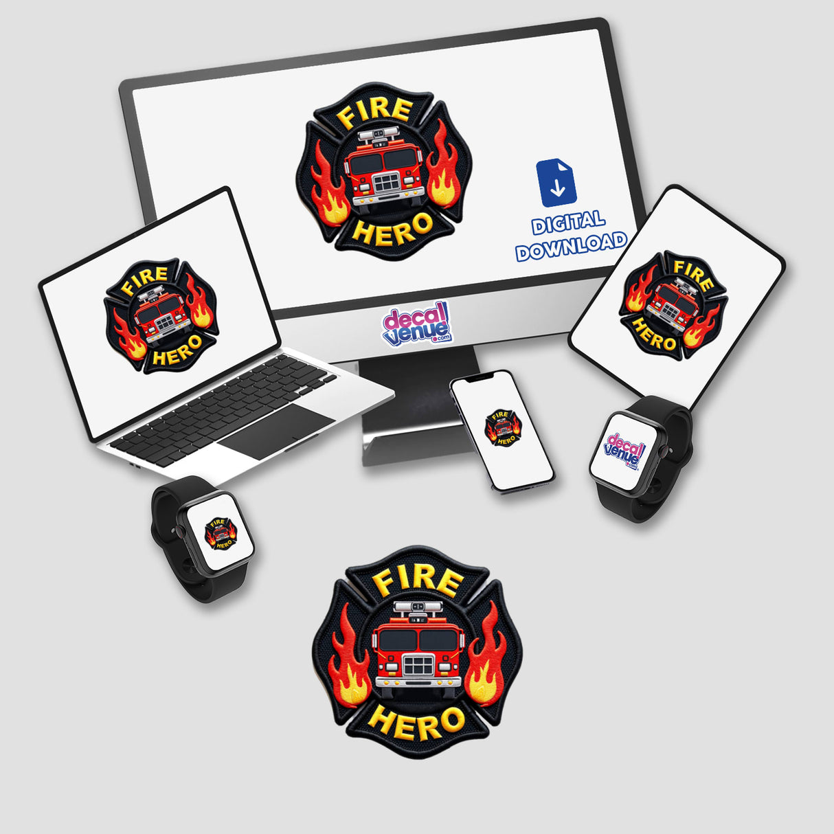 Computer monitor and laptop featuring 0008 - FIRE HERO fire truck sticker, available as stickers or digital artwork.