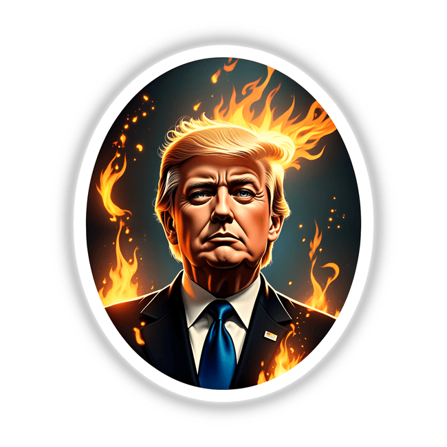 President Donald Trump depicted with a suit and tie, featuring flames around his head, available as unique stickers or digital artwork.