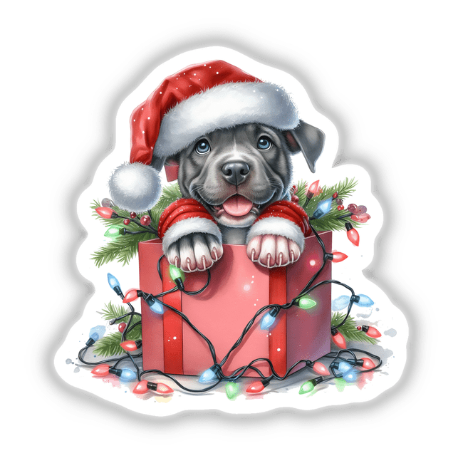 Santa Pitbull Dog in a Christmas Box: A cartoon of a pitbull wearing a Santa hat, nestled in a decorated gift box with lights, available as stickers or digital artwork.