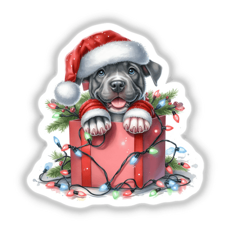 Santa Pitbull Dog in a Christmas Box: A cartoon of a pitbull wearing a Santa hat, nestled in a decorated gift box with lights, available as stickers or digital artwork.