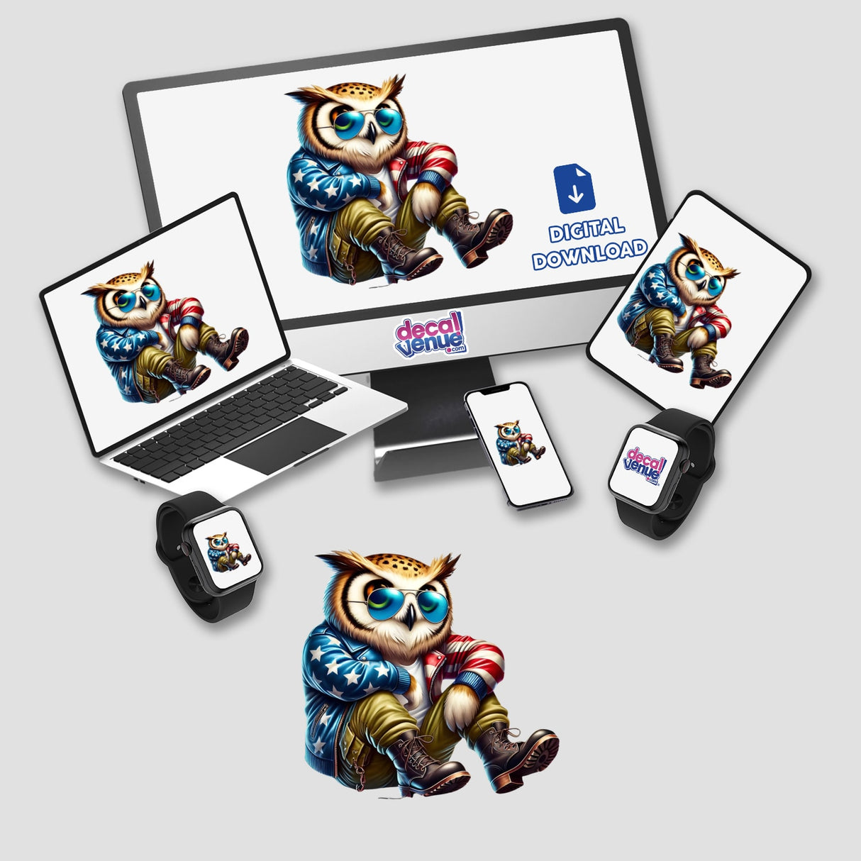 Patriotic Leather Owl Aviator Sunglasses, digital artwork from DecalVenue featuring a cartoon owl in American-themed attire and accessories displayed across various digital devices.