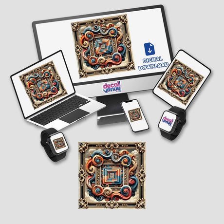 Computer monitor and laptop displaying Baroque Geometry - Ornate Frames with Abstract Patterns, available as stickers or digital artwork.