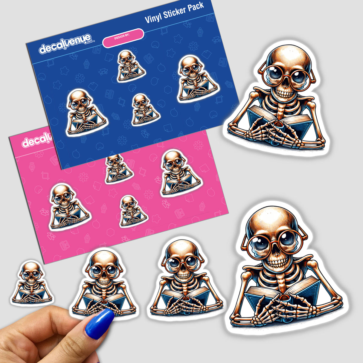 Stylized stickers featuring a skeleton character wearing reading glasses and holding an open book, surrounded by other skeleton character stickers in various poses.