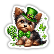 St Patricks Day Leprechaun Yorkie Dog: A whimsical sticker or digital artwork of a Yorkie wearing a leprechaun hat and bow tie, perfect for festive decoration.