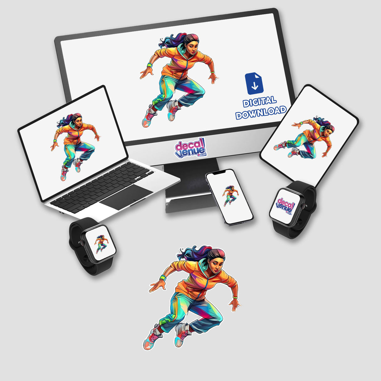 Vibrant digital artwork of a jumping character in colorful attire, surrounded by various digital devices displaying the Decal Venue brand and the "Digital Download" text, showcasing the versatility and placement of the "Breaking Girl" design.