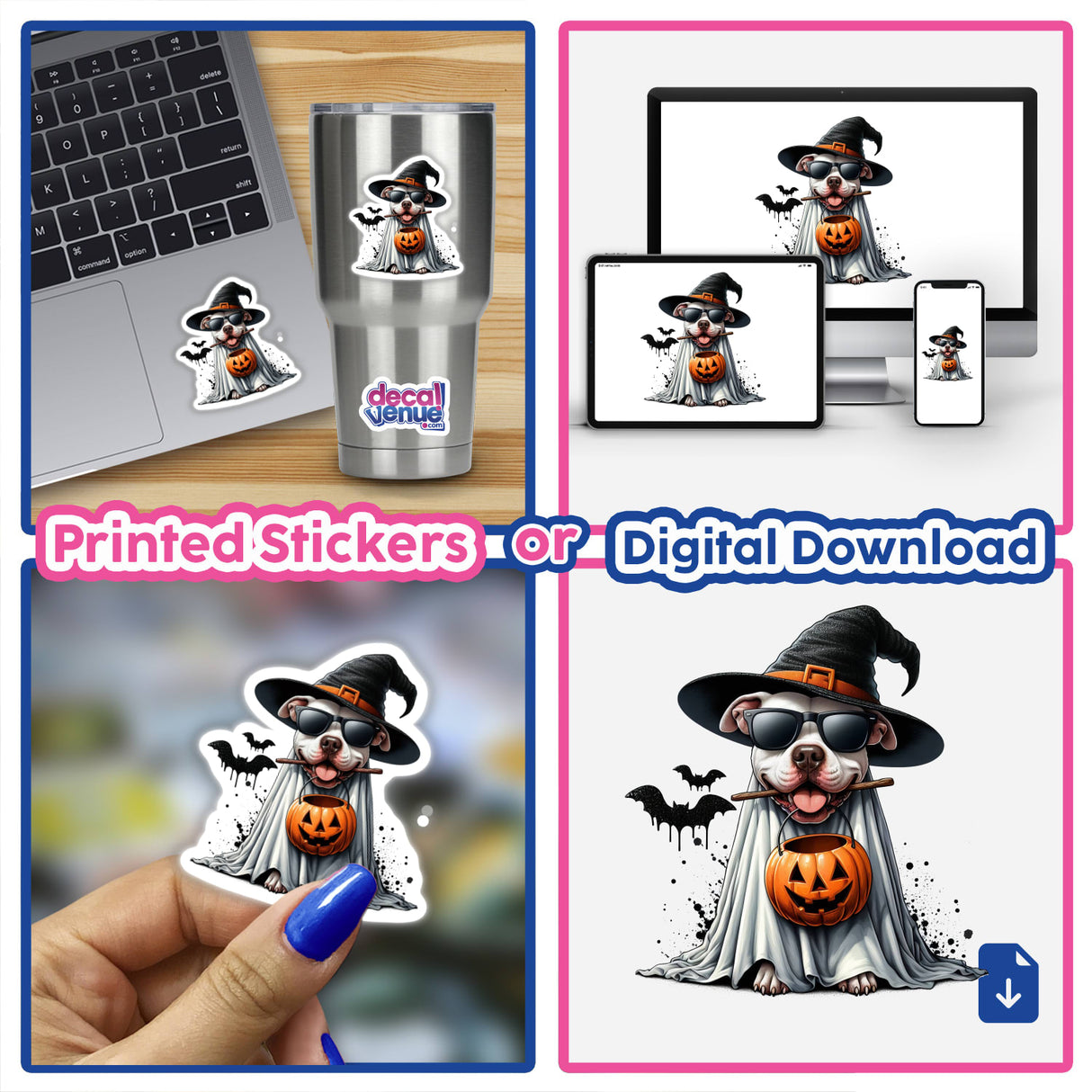 Collage featuring a Witch Ghost Pitbull Dog with a stick and Halloween bucket, depicted on a laptop sticker, highlighting the unique digital artwork available at Decal Venue.