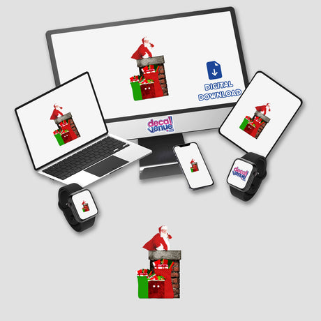 Santa on Rooftop with Gift Sacks by the Chimney digital artwork displayed on a computer monitor, laptop, tablet, and phone.