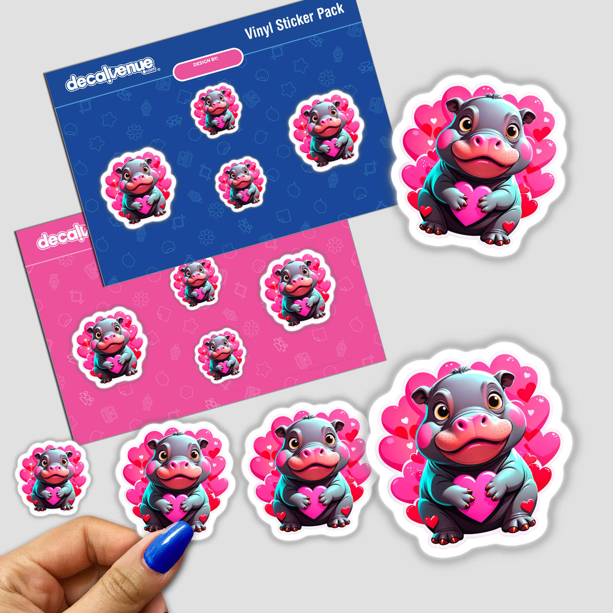 A Cute Pygmy Hippo With Love Hearts sticker pack, featuring cartoon hippos each holding a heart, ideal for customizing surfaces with unique, digital or vinyl sticker art.