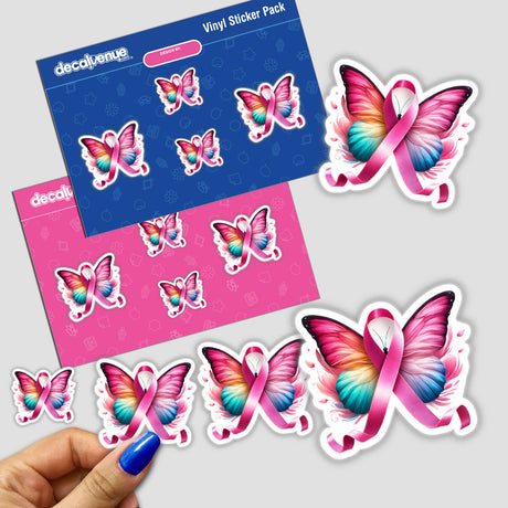 Butterfly Breast Cancer Pink Ribbon stickers featuring butterflies and pink ribbons, available as stickers or digital artwork from Decal Venue.