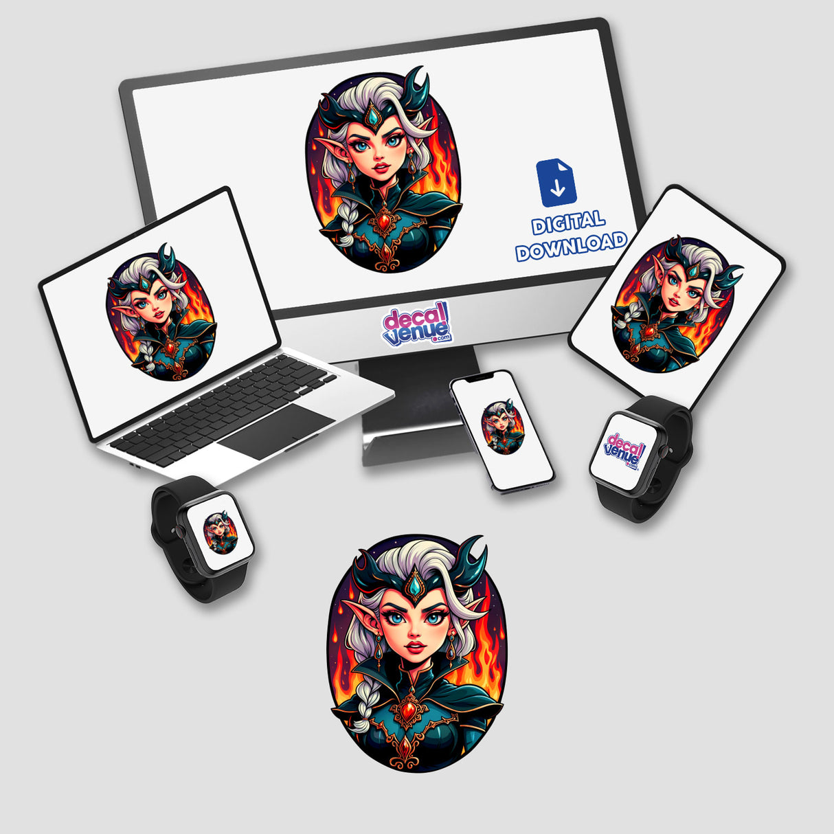 An Evil Queen Anime Girl displayed on a computer monitor and laptop, showcasing a cartoon character available as stickers or digital artwork from Decal Venue.