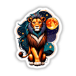 Cool Lion With A Starry Night: An illustration featuring a lion with a vibrant mane, surrounded by celestial elements like a moon and stars. Available as stickers or digital artwork from Decal Venue.