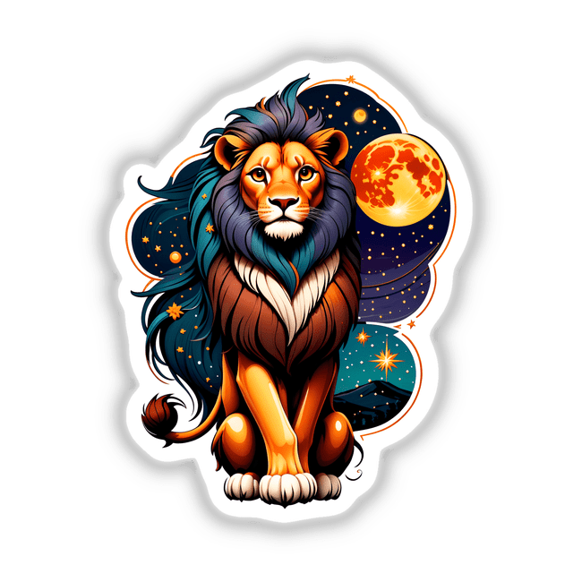 Cool Lion With A Starry Night: An illustration featuring a lion with a vibrant mane, surrounded by celestial elements like a moon and stars. Available as stickers or digital artwork from Decal Venue.