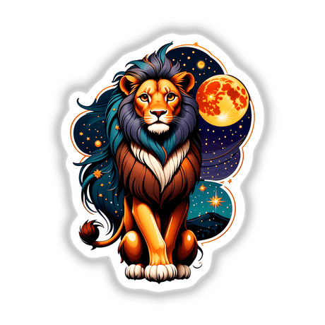 Cool Lion With A Starry Night: An illustration featuring a lion with a vibrant mane, surrounded by celestial elements like a moon and stars. Available as stickers or digital artwork from Decal Venue.