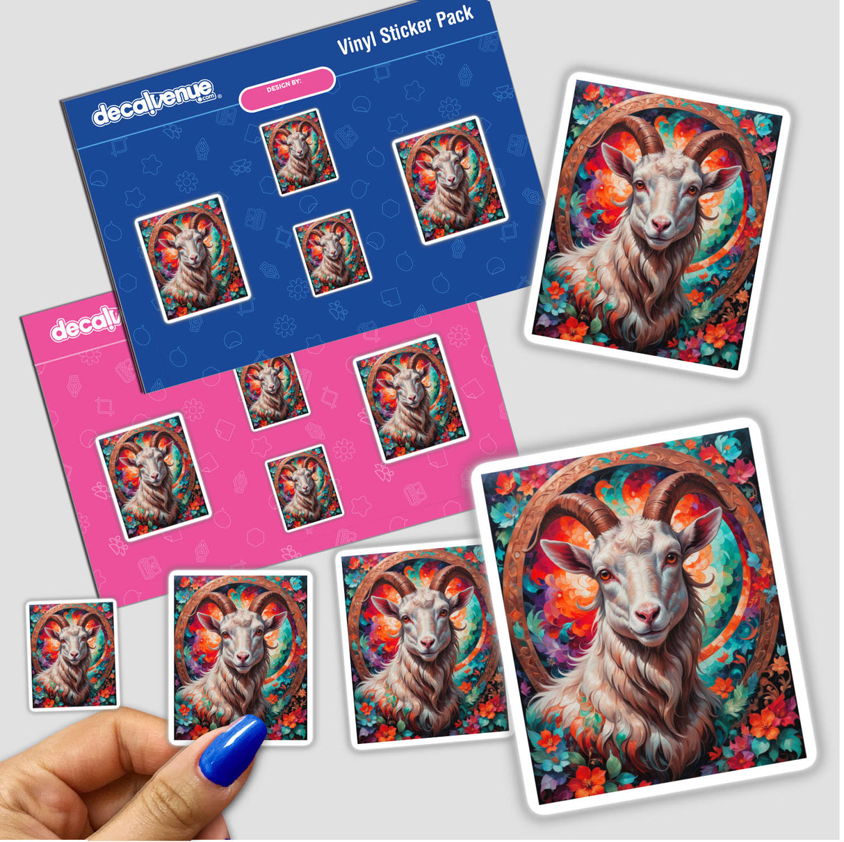 Sticker featuring a cute goat adorned with blooming flowers, available as part of Decal Venue's unique vinyl stickers and digital artwork collection.