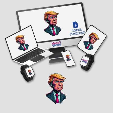 Futuristic President Donald Trump digital artwork displayed on a computer monitor and laptop, featuring a cartoon of Trump in a suit and tie. Available as stickers or digital art.