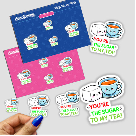 You're The Sugar To My Tea Funny Love Quote sticker pack featuring playful cartoon characters, including a teacup and sugar cube, available as stickers or digital artwork.