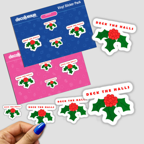 Deck The Halls sticker set featuring holly berries and red flowers held in a hand with blue nail polish, available as stickers or digital artwork from Decal Venue.