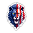 Cartoon illustration of a lion with an American flag design, titled A Cool American Flag Lion, available as stickers or digital artwork from Decal Venue.