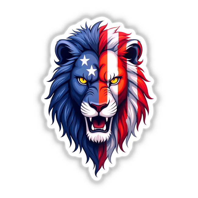 Cartoon illustration of a lion with an American flag design, titled A Cool American Flag Lion, available as stickers or digital artwork from Decal Venue.