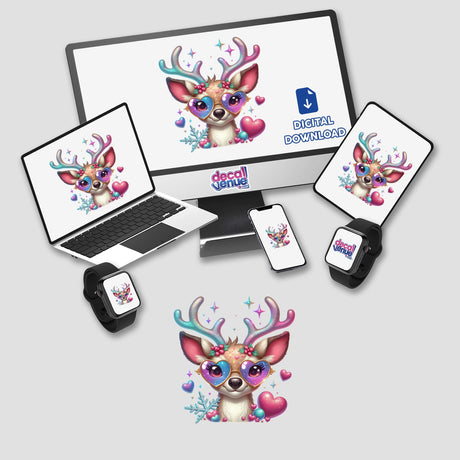 Rainbow Glittered Reindeer design displayed on a computer monitor and laptop, featuring a cartoon deer with antlers and heart-shaped glasses, available as stickers or digital artwork.