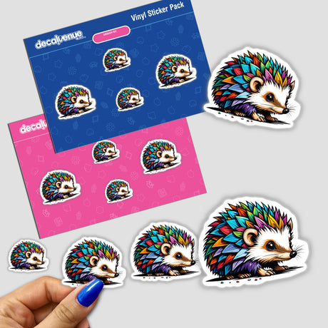 Colorful digital hedgehog stickers displayed on a Decal Venue vinyl sticker pack. The stickers feature various vibrant and whimsical designs of hedgehogs with detailed patterned quills. The product showcases the artistic digital illustrations created by the PanzeeArt brand.