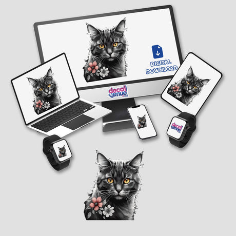 Cat Portrait Floral Accents PA09: A computer monitor and laptop display a cat with floral accents on the screen, available as stickers or digital artwork.