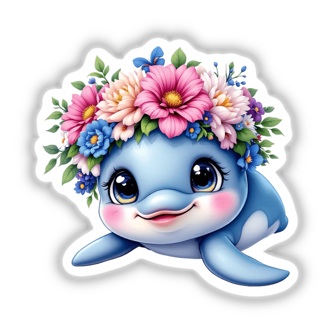 Happy Dolphin with a Flower Crown cartoon features a playful dolphin adorned with a vibrant floral crown, available as stickers or digital artwork. Perfect for fans of unique, whimsical designs from Decal Venue.