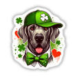 Great Dane dog in a green hat with a clover and bow tie, featured as Clovers and Hearts Great Dane Dog, available as stickers or digital artwork from Decal Venue.