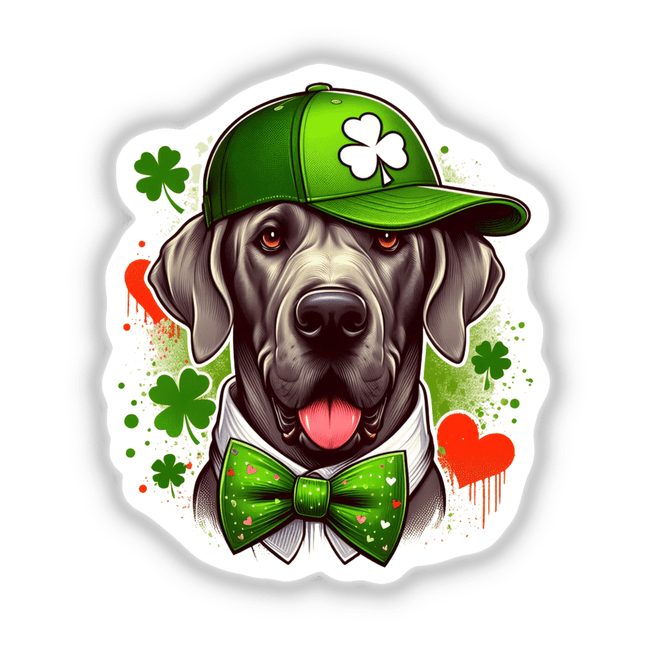 Great Dane dog in a green hat with a clover and bow tie, featured as Clovers and Hearts Great Dane Dog, available as stickers or digital artwork from Decal Venue.