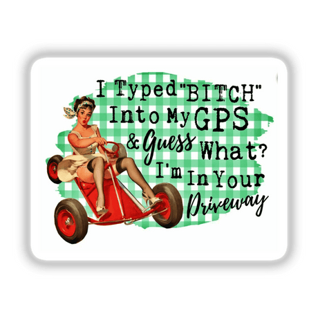 I'm In Your Driveway: Illustration of a woman on a go-kart, available as unique stickers or digital artwork, capturing playful motion and whimsy.