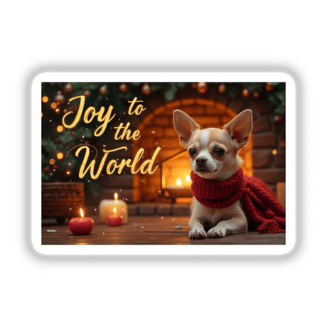 Joy to the World Chihuahua Christmas Sticker and Clipart features a Chihuahua wearing a red scarf, available as stickers or digital artwork with commercial rights, biblically inspired.