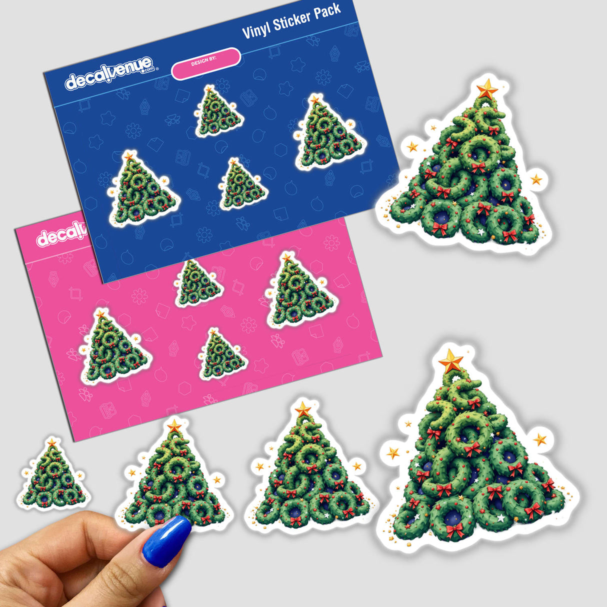 Wreaths Christmas Tree sticker pack featuring various Christmas trees made of wreaths and stars, capturing festive holiday spirit. Available as stickers or digital artwork from Decal Venue.