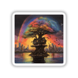 Fantasy Treehouse Collection Rainbow Life features a whimsical treehouse on an island, complemented by a rainbow and birds. Available as stickers or digital artwork from Decal Venue.