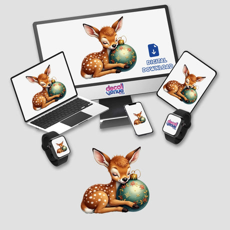 Fawn Sleeping on Christmas Ornament depicted on a computer monitor and laptop, showcasing a cartoon deer hugging a festive ornament. Available as stickers or digital artwork at Decal Venue.