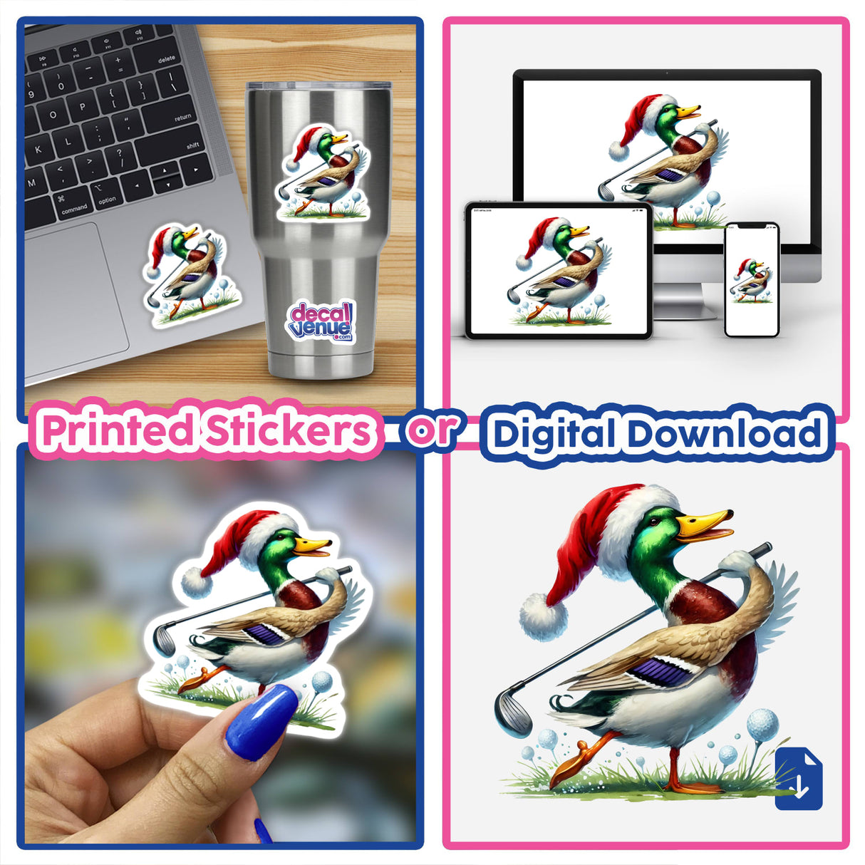 Mallard Duck Santa Swinging Golf Club II sticker, featuring a cartoon duck in a Santa hat holding a golf club, available as a sticker or digital artwork from Decal Venue.