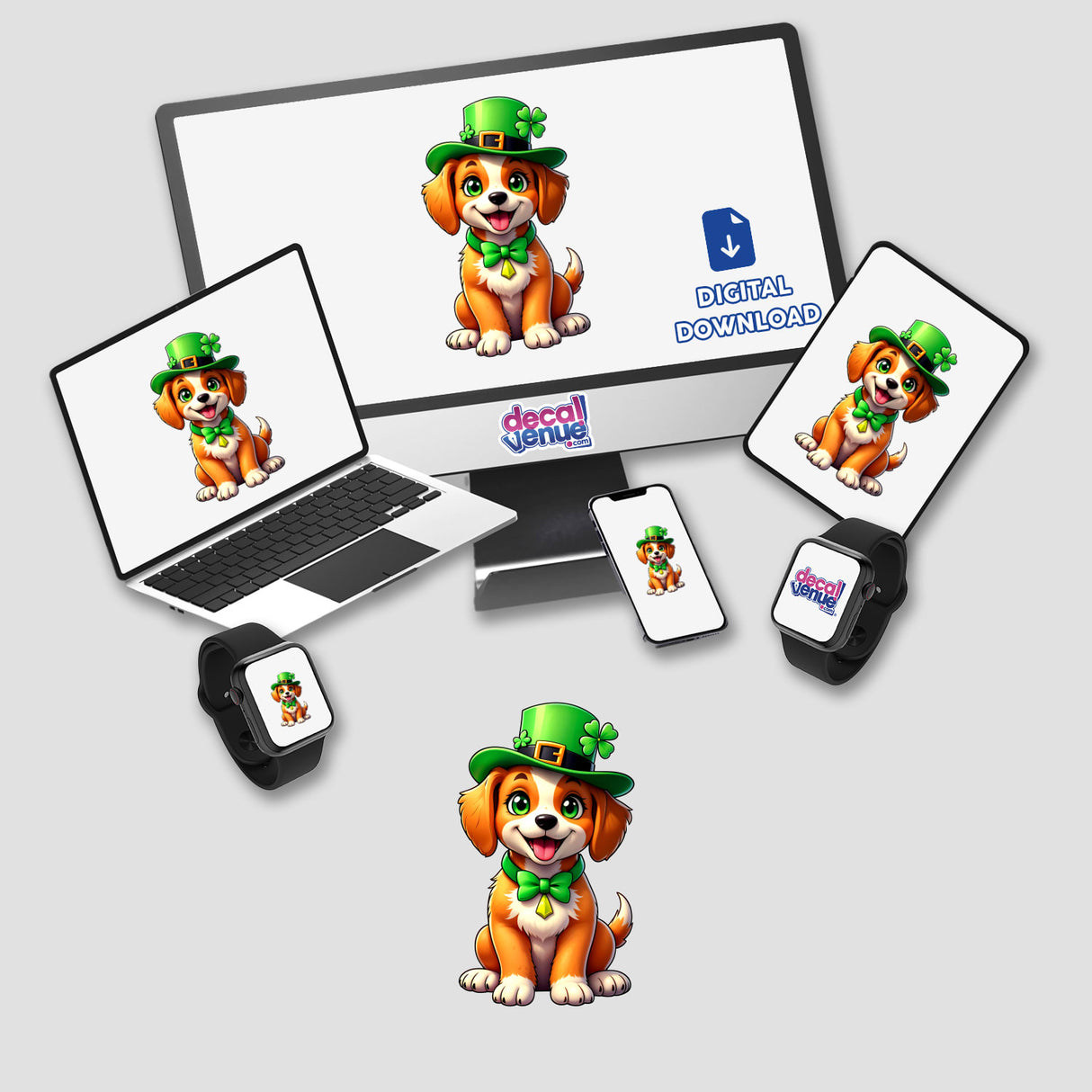 St. Patrick's Day Puppy stickers and digital artwork featuring a cartoon dog in a green hat displayed on a computer monitor and laptop screen.