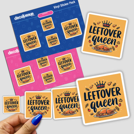 A hand holds the Leftover Queen Thanksgiving Sticker & Clipart pack, showcasing unique sticker designs, available with commercial rights.