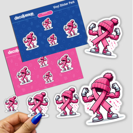 Flexing Pink Breast Cancer Ribbon Beanie III stickers featuring illustrated pink ribbons, ideal for supporting breast cancer awareness. Available as stickers or digital artwork.