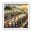 Living Chess - Human Figures as Chess Pieces on a Giant Board shows people on horseback in a strategic game setting, available as stickers or digital artwork.