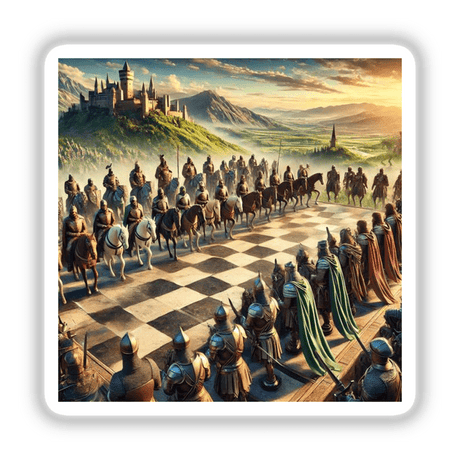 Living Chess - Human Figures as Chess Pieces on a Giant Board shows people on horseback in a strategic game setting, available as stickers or digital artwork.