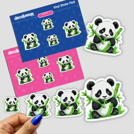 Chibi Panda with Bamboo Sticker - Cute panda decals featuring cartoon pandas with bamboo, ideal for clipart and commercial use, showcasing adorable panda designs for unique sticker collections.