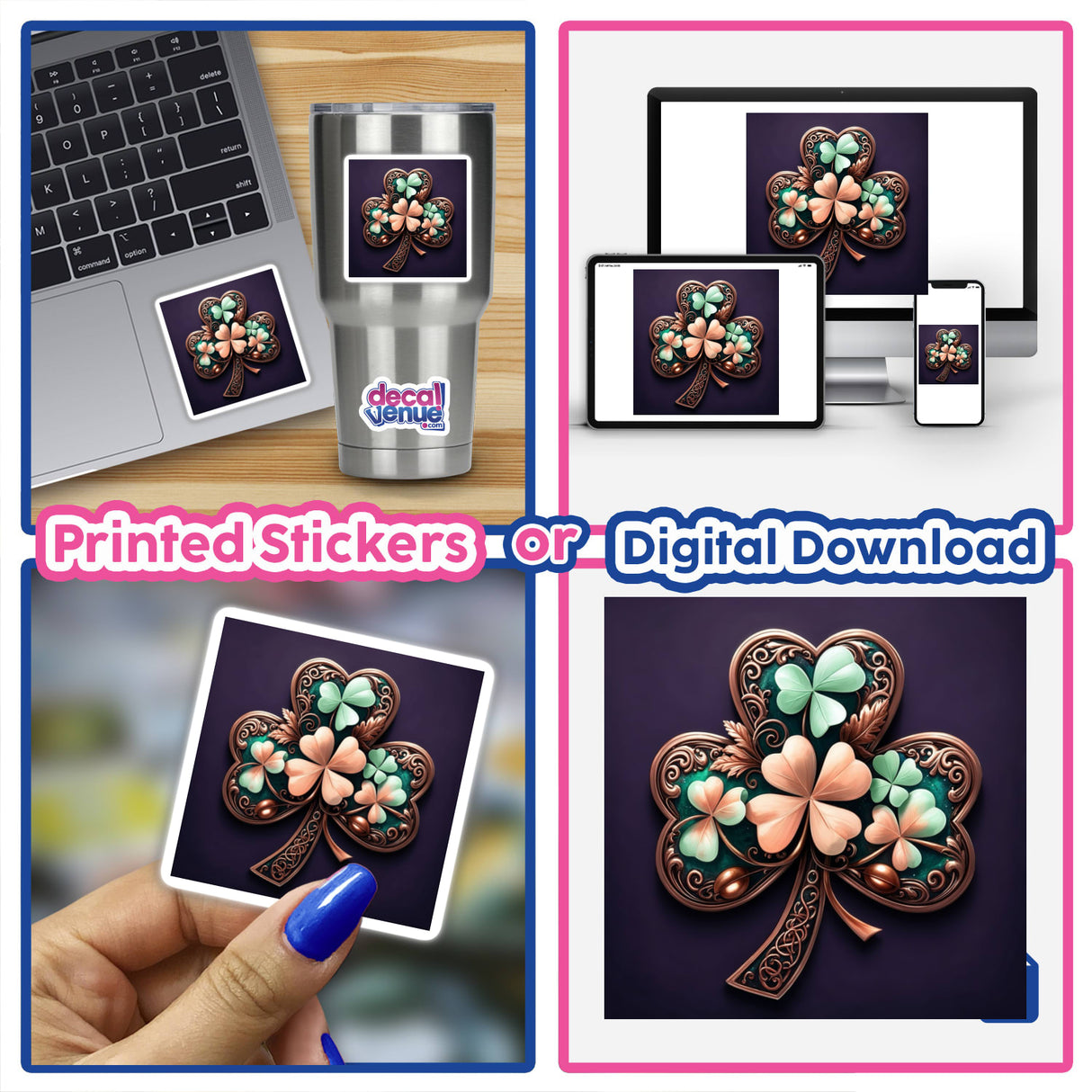 Antique Shamrock – Bronze Clover with Pastel Floral Accents displayed as a collage of digital artwork, showcasing clovers on various devices. Available as stickers or digital artwork at Decal Venue.