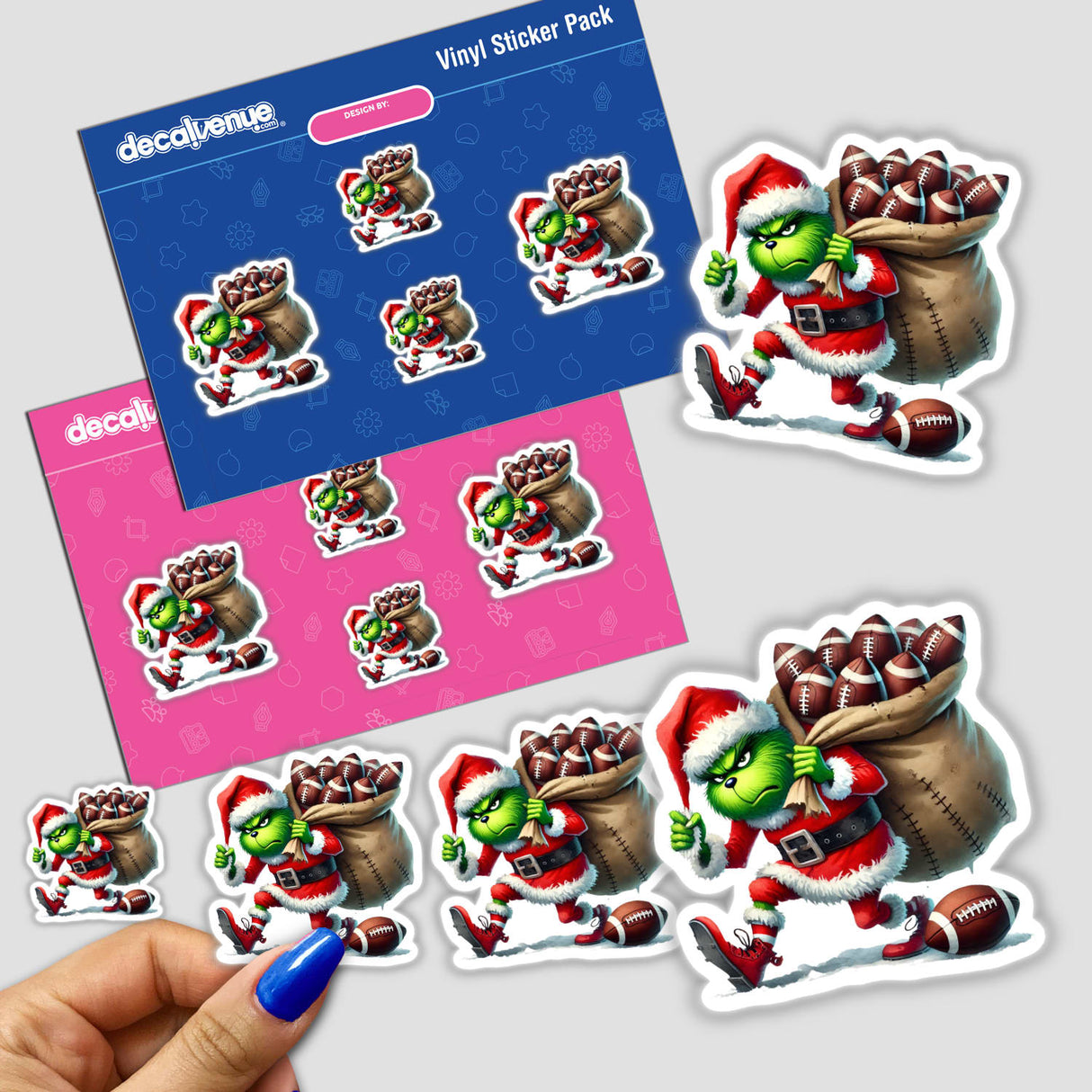 Sticker pack featuring the Santa Green Grouch Who Stole Football cartoon character, depicted in a festive Santa outfit with a sack of footballs, available as stickers or digital artwork.